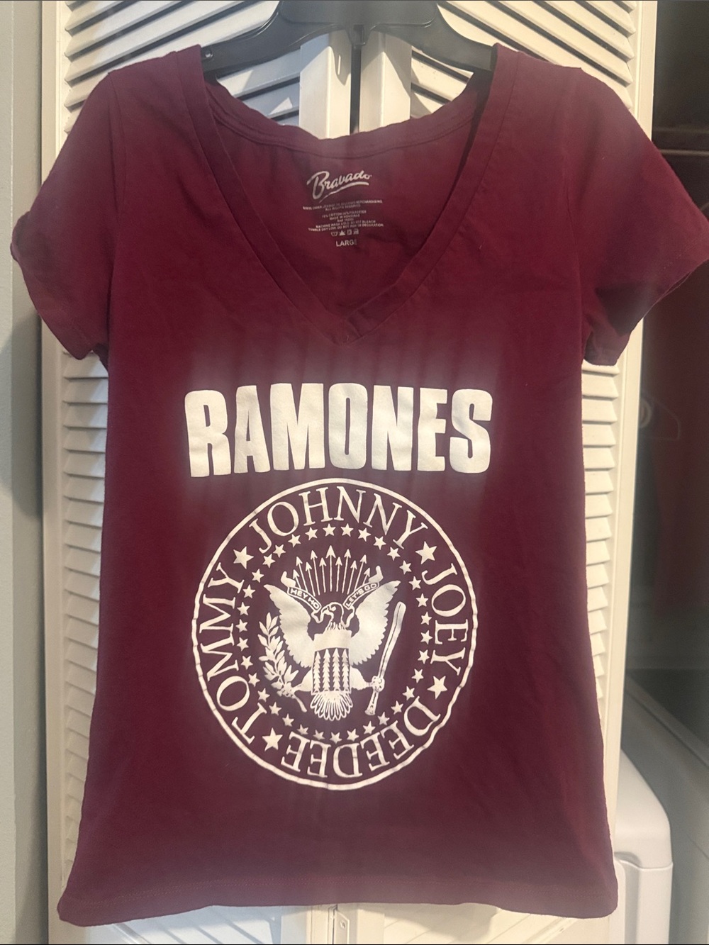 Bravado Ramones Women's V-Neck Tee in Burgundy with White Logo